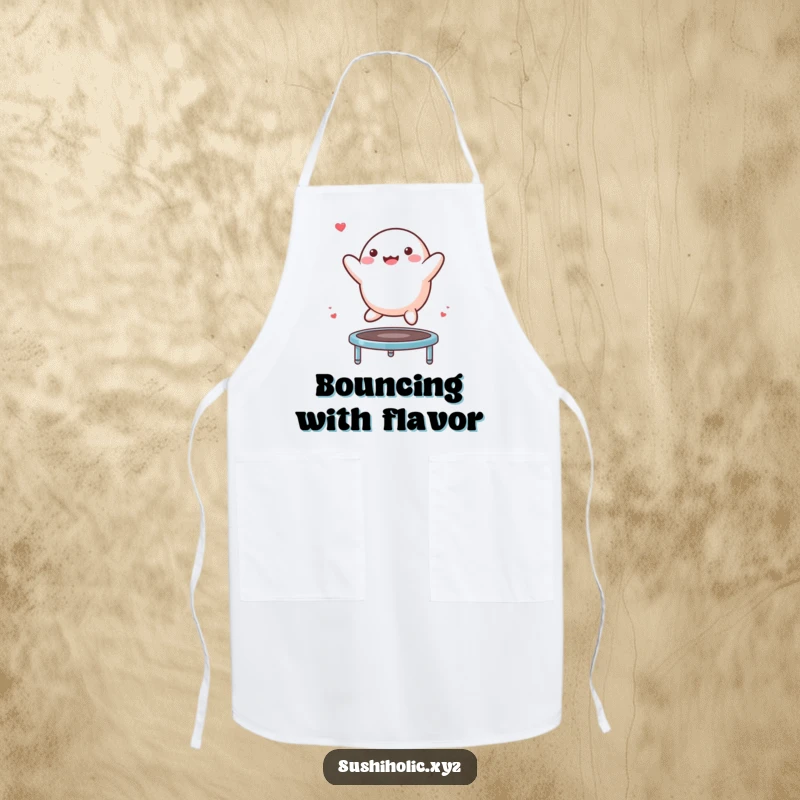Funny Mochi Apron with a cheerful mochi character performing a high bounce on a small trampoline, designed for joyful cooking.