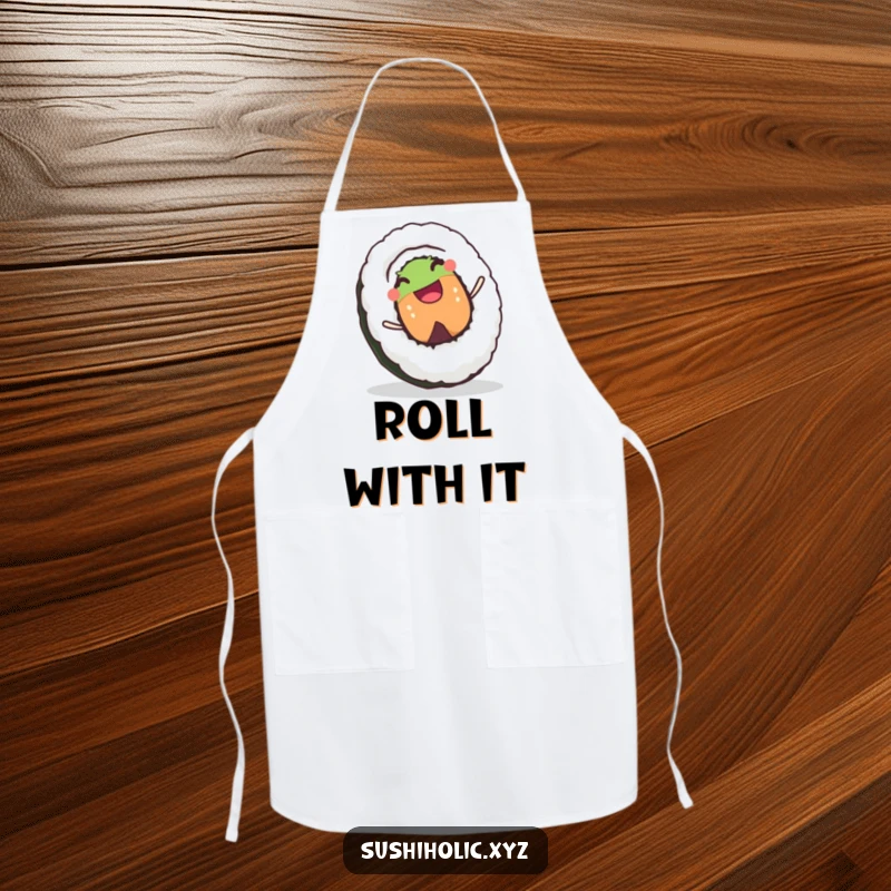 Funny apron with a joyful sushi roll character grinning as it rolls downhill, perfect for kitchen adventures.