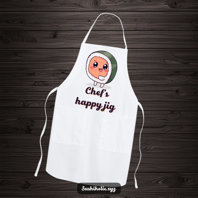 Funny apron, playful tuna sushi character happily wiggling its foot, humorous kitchen attire for food lovers.