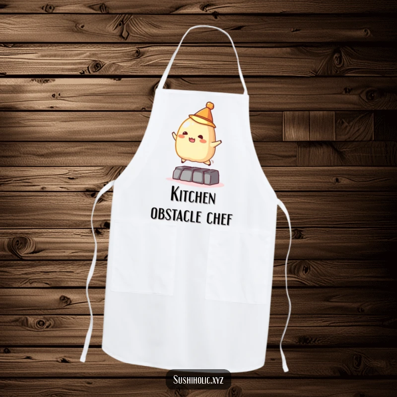 Funny apron, mischievous tamago sushi wearing a tiny hat jumping over an obstacle, humorous kitchen attire for food lovers.