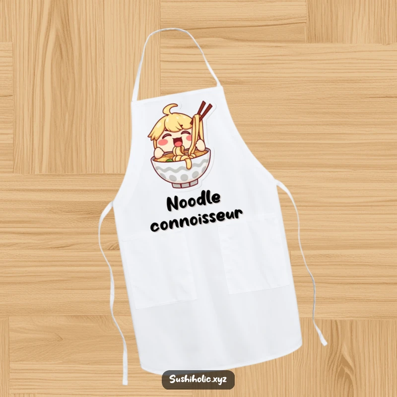 Funny apron with a delighted ramen bowl character enthusiastically slurping noodles, perfect for passionate cooks.