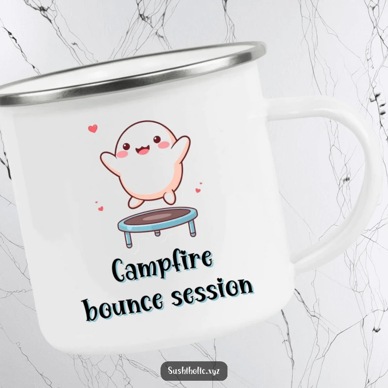 Funny Mochi Camping Mug depicting a joyful mochi character mid-bounce on a miniature trampoline, perfect for outdoor cheer.