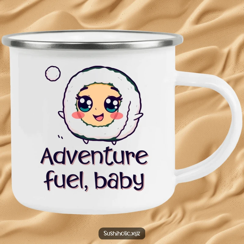 Funny Maki Roll Camping Mug showing a happy sushi with googly eyes energetically bouncing a small ball, perfect for outdoor adventures.