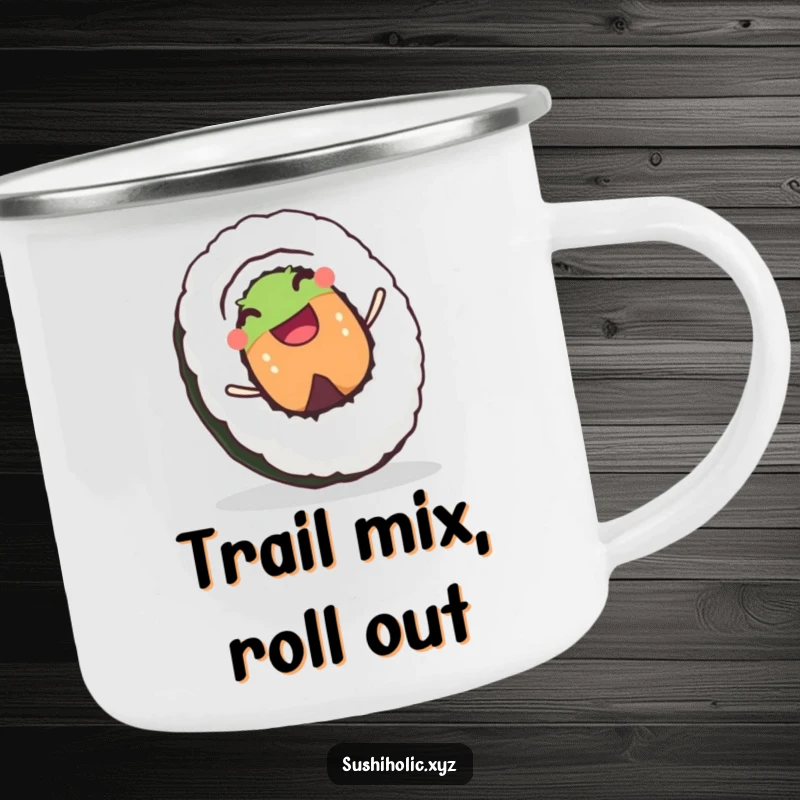 Funny camping mug with a joyful sushi roll character rolling downhill with a happy grin, perfect for outdoor fun.