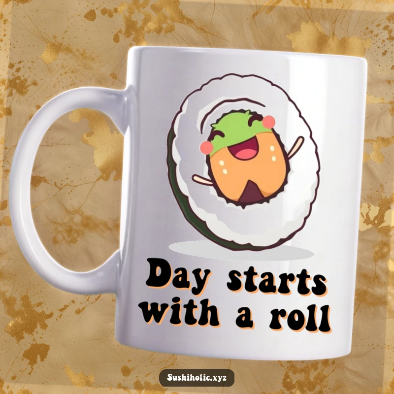 Funny mug with a joyful sushi roll character happily grinning as it rolls downhill, embodying pure, unadulterated fun.