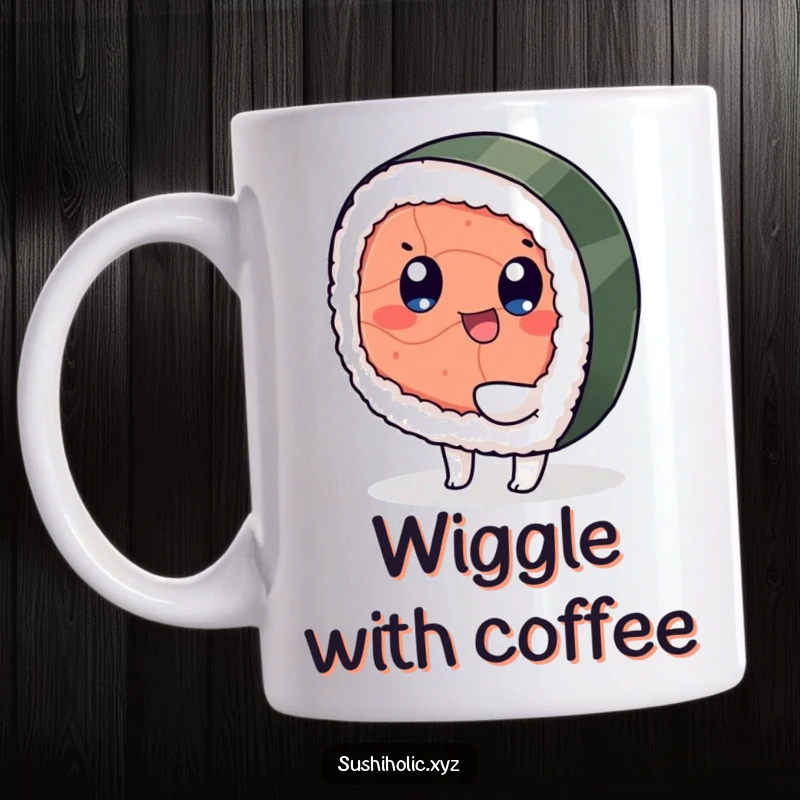 Funny mug, a playful tuna sushi piece with eyes happily wiggling its foot on a simple background, humorous food character.