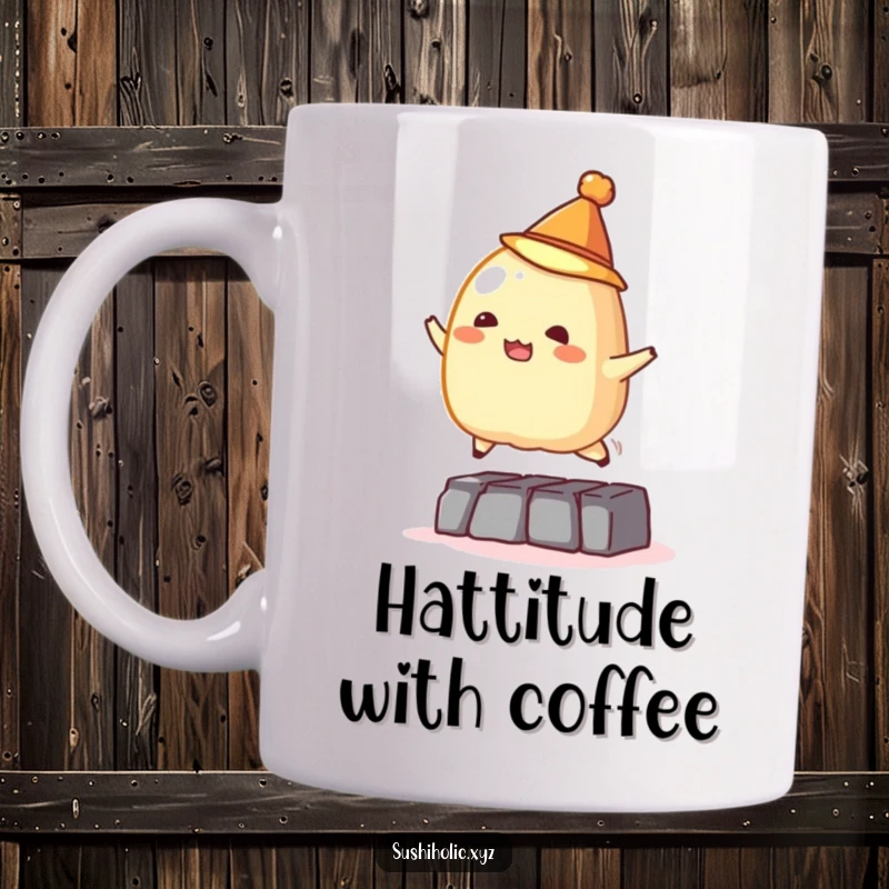 Funny mug, a mischievous tamago sushi wearing a tiny hat joyfully jumping over a small obstacle, humorous food character.