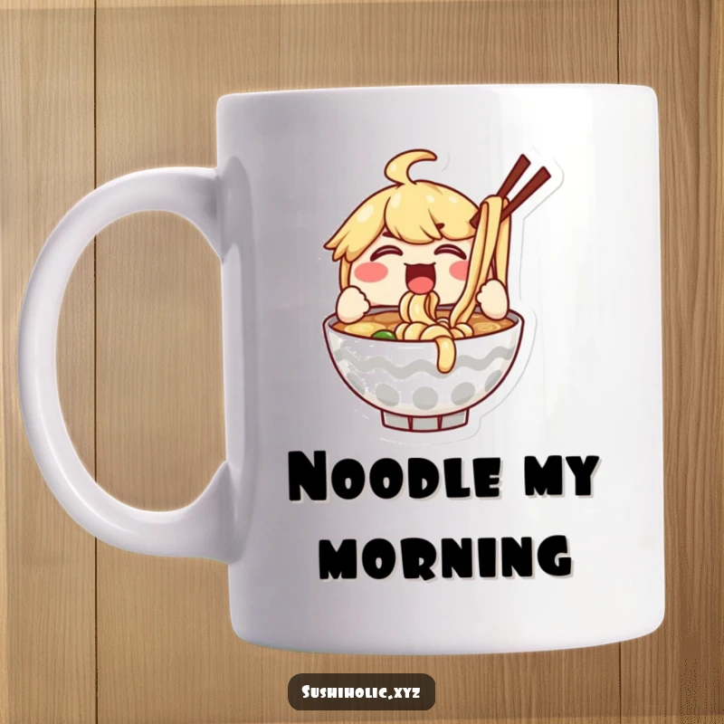 Funny mug with a delighted ramen bowl character enthusiastically slurping noodles, capturing pure joy and satisfaction.