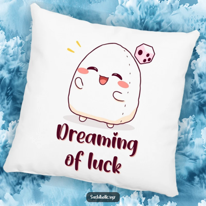 Funny pillow featuring a smiling onigiri character tossing a tiny dice with playful excitement, perfect for cozy gaming sessions.