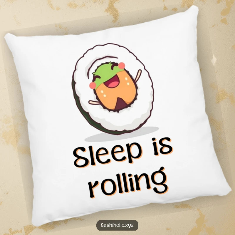 Funny pillow featuring a joyful sushi roll character rolling downhill with a happy grin, adding cozy humor.