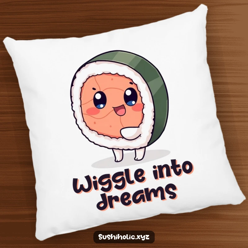 Funny pillow, playful tuna sushi character happily wiggling its foot, soft and humorous food-themed home decor.