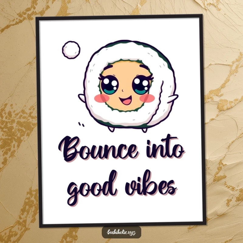Funny Maki Roll Digital Art Print of a cheerful sushi with googly eyes, actively bouncing a tiny ball, a burst of playful energy.