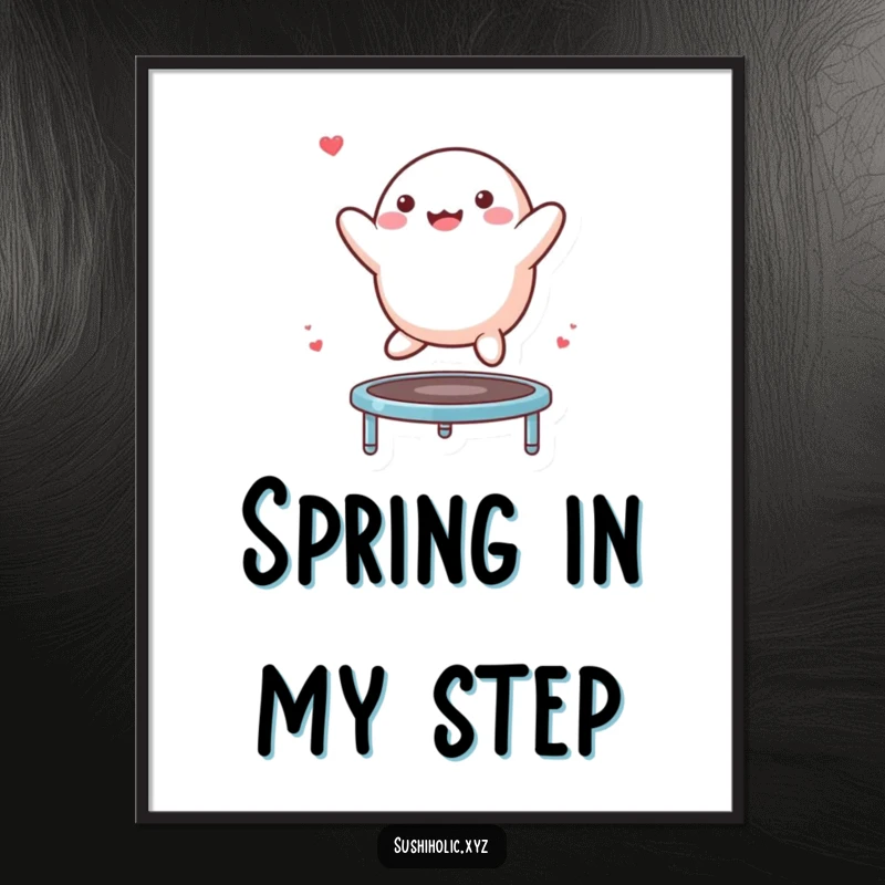 Funny Mochi Digital Art Print of a cheerful mochi character bouncing high on a tiny trampoline, creating a humorous visual.