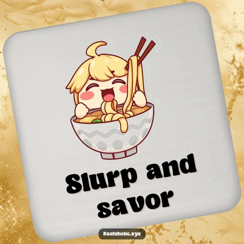 Funny coasters featuring a delighted ramen bowl character enthusiastically slurping noodles, protecting surfaces with foodie flair.