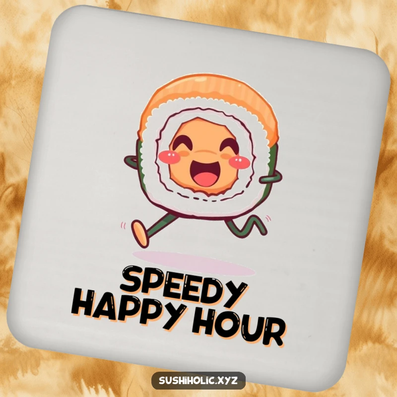 Funny drink coasters, smiling sushi roll with legs running cheerfully, playful food design, humorous surface protection.