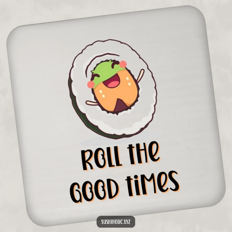 Funny coasters featuring a joyful sushi roll character rolling downhill with a happy grin, protecting surfaces with style.