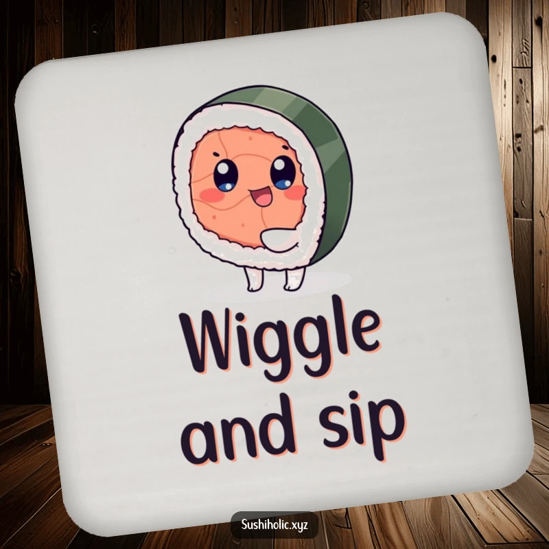 Funny drink coasters, playful tuna sushi character happily wiggling its foot, humorous food design, surface protection.