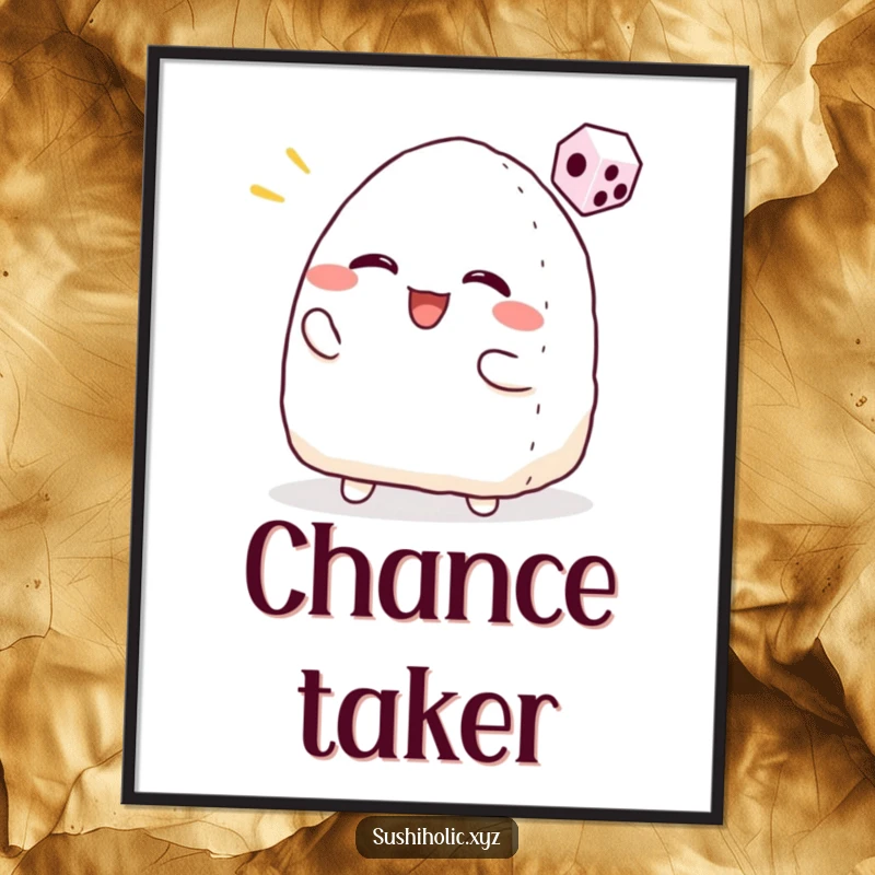 Funny poster of a smiling onigiri character actively tossing a tiny dice with great excitement, suitable for game rooms.
