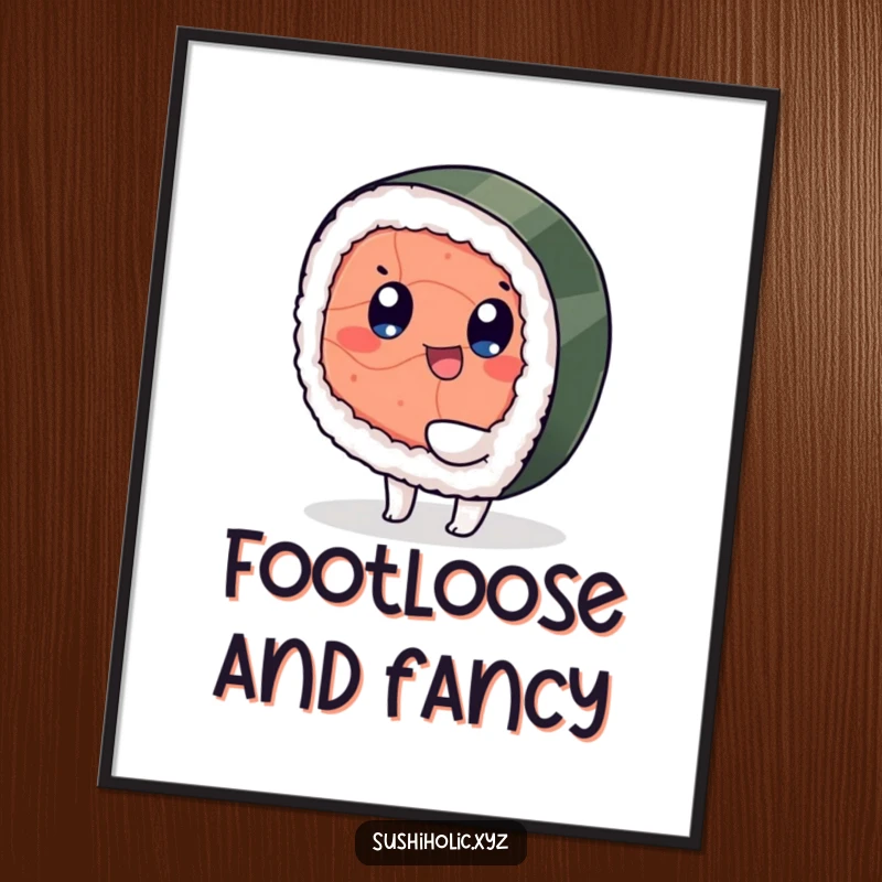 Funny poster, playful tuna sushi character with eyes happily wiggling its foot, humorous food art print.