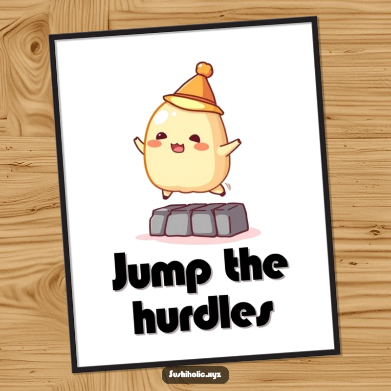 Funny poster, mischievous tamago sushi wearing a tiny hat jumping over a small obstacle, humorous food art print.