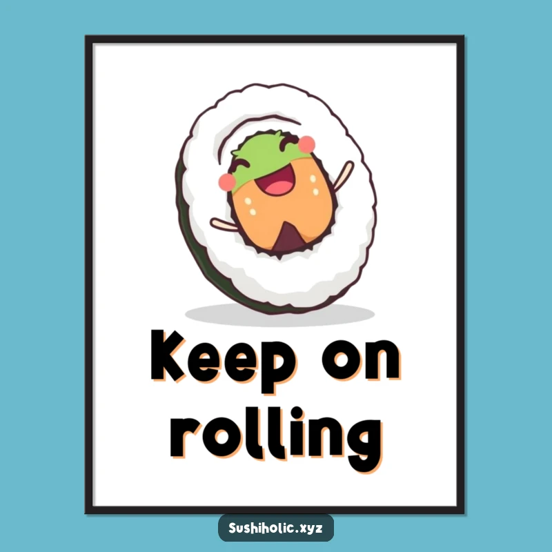 Funny Sushi Roll Poster: Joyful Character Rolling Downhill Art