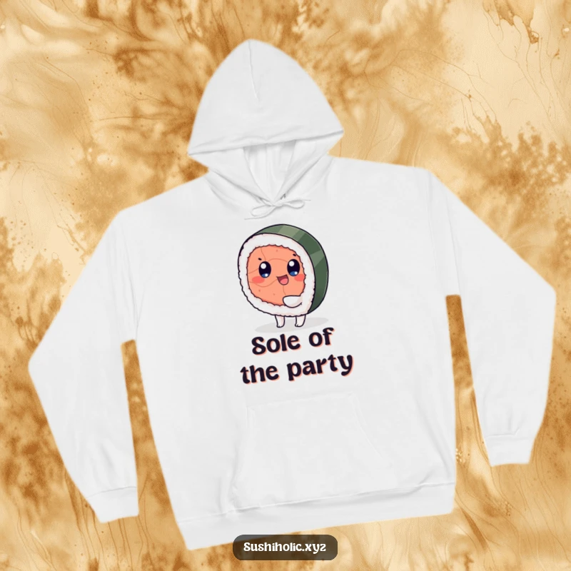 Funny hoodie, cozy design of a playful tuna sushi character happily wiggling its foot, humorous food art.