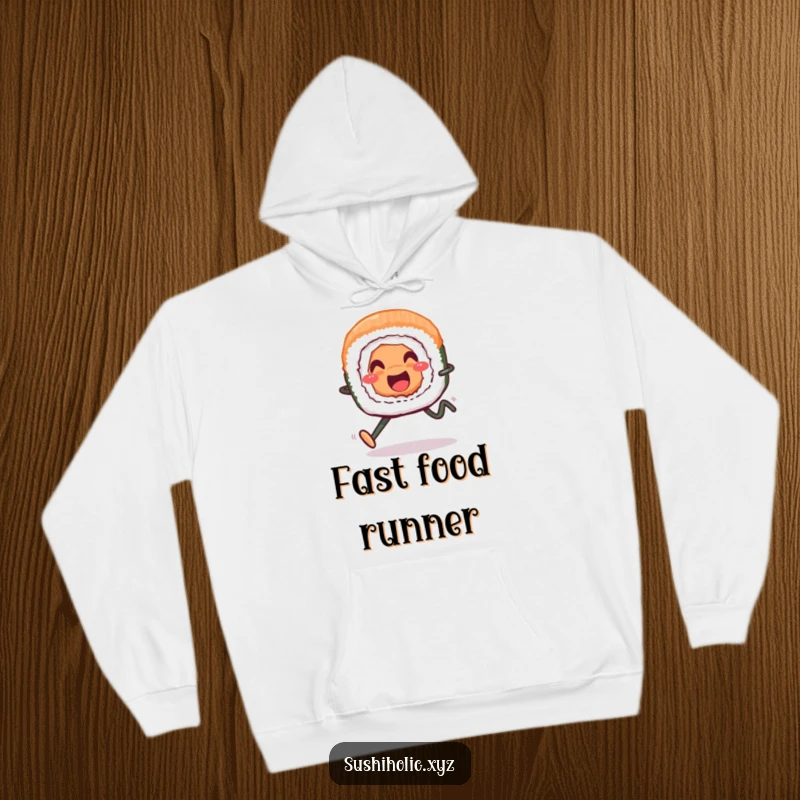 Funny hoodie, cozy design of a smiling sushi roll with legs running cheerfully on a bright background, humorous food art.