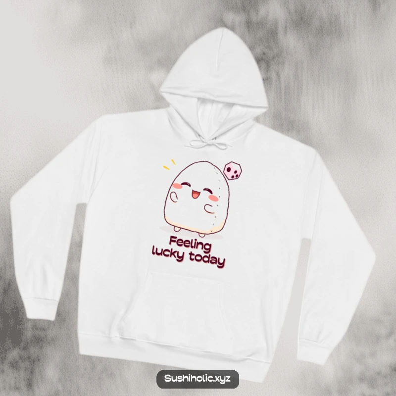 Funny hoodie showcasing a smiling onigiri character tossing a tiny dice with infectious excitement, perfect for game nights.