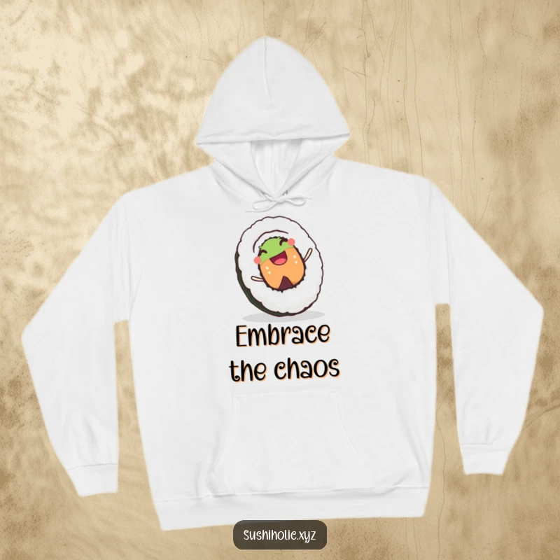 Funny hoodie depicting a joyful sushi roll character with a big happy grin, rolling downhill with gleeful abandon.