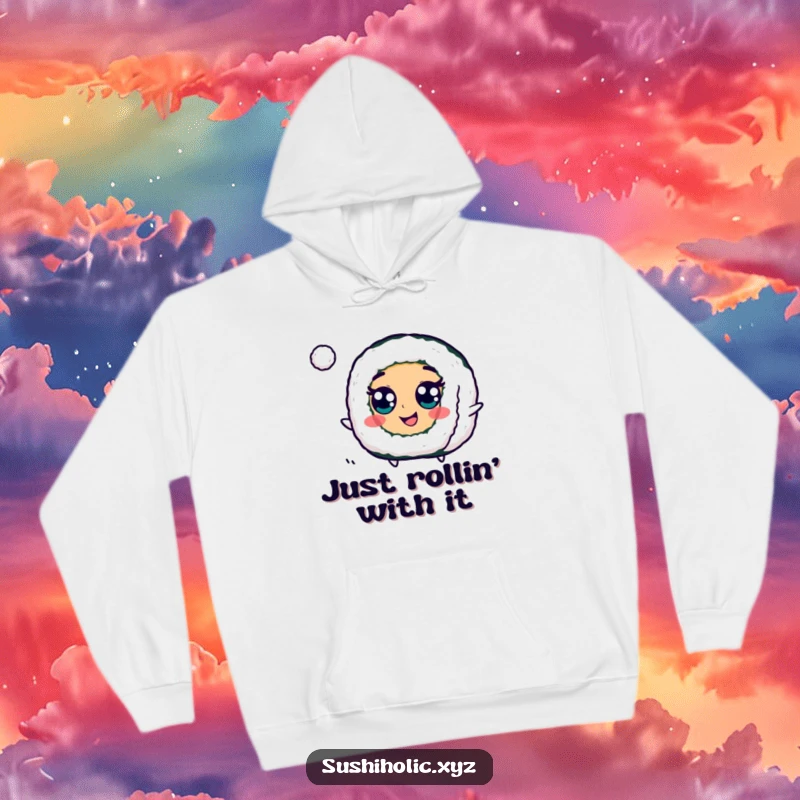 Funny Maki Roll Hoodie depicting a happy, googly-eyed sushi roll energetically bouncing a small ball, a delightful and playful design.