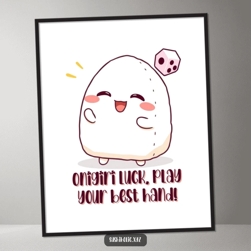 Funny Free Printable Wall Art: Smiling onigiri character gleefully tossing a tiny dice, radiating luck and happiness.