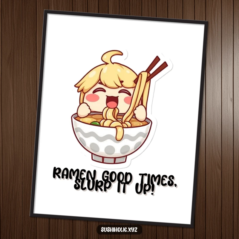 Funny Free Printable Wall Art: Delighted ramen bowl character with a happy expression, enthusiastically slurping a pile of noodles.