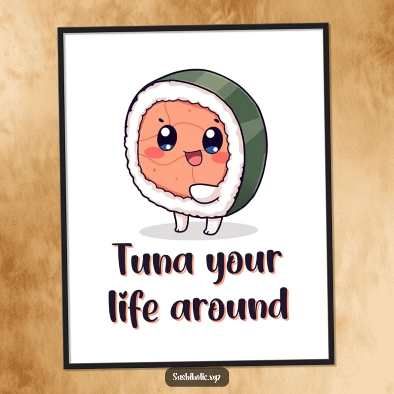 Funny free printable wall art: A playful piece of tuna sushi with eyes happily wiggling its foot.