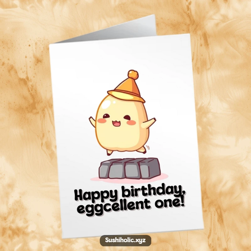 Funny free printable birthday card: mischievous tamago sushi in a tiny hat jumping over an obstacle with glee.