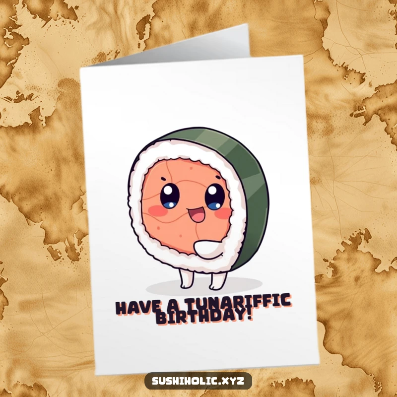 Funny free printable birthday card: a piece of tuna sushi with eyes wiggling its foot happily, celebrating.