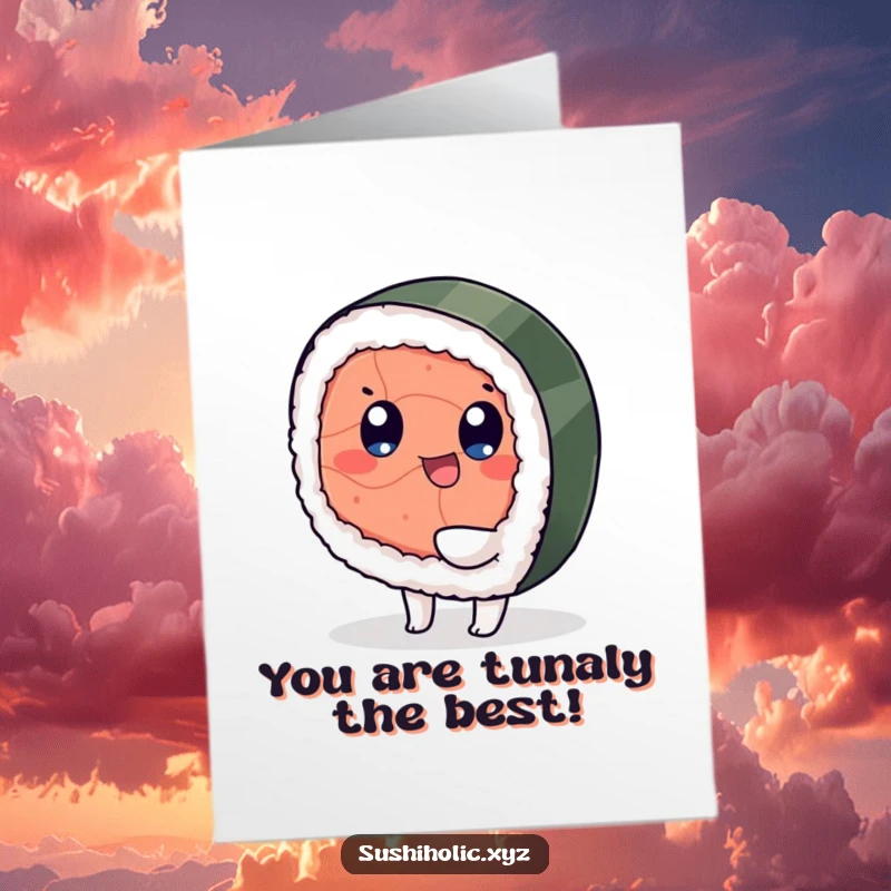 Funny free printable congratulations card: a tuna sushi with eyes wiggling its foot happily in celebration.