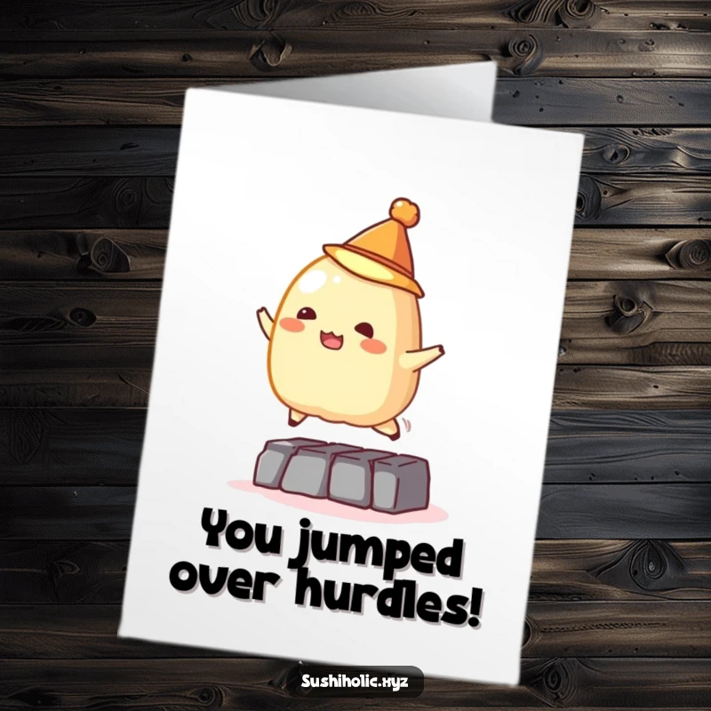 Funny free printable congratulations card: a tamago sushi wearing a hat jumping over an obstacle in triumph.