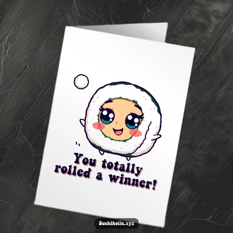 Funny Free Printable Congrats Card: Googly eye maki roll doing a happy bounce to celebrate your amazing success.