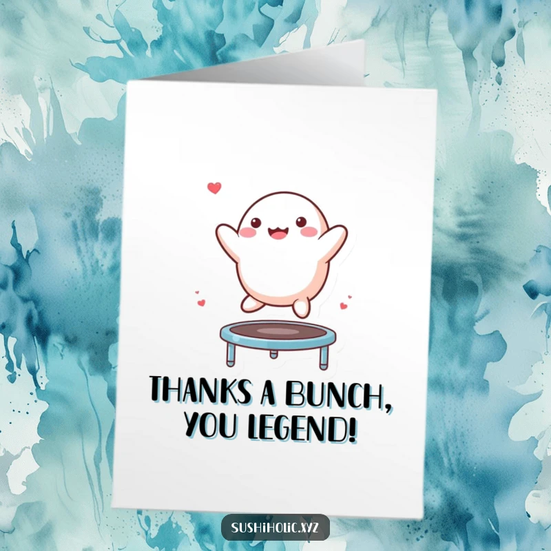 Funny Free Printable Mochi Thank You Card: A cute mochi character gleefully bouncing on a small trampoline, expressing thanks.