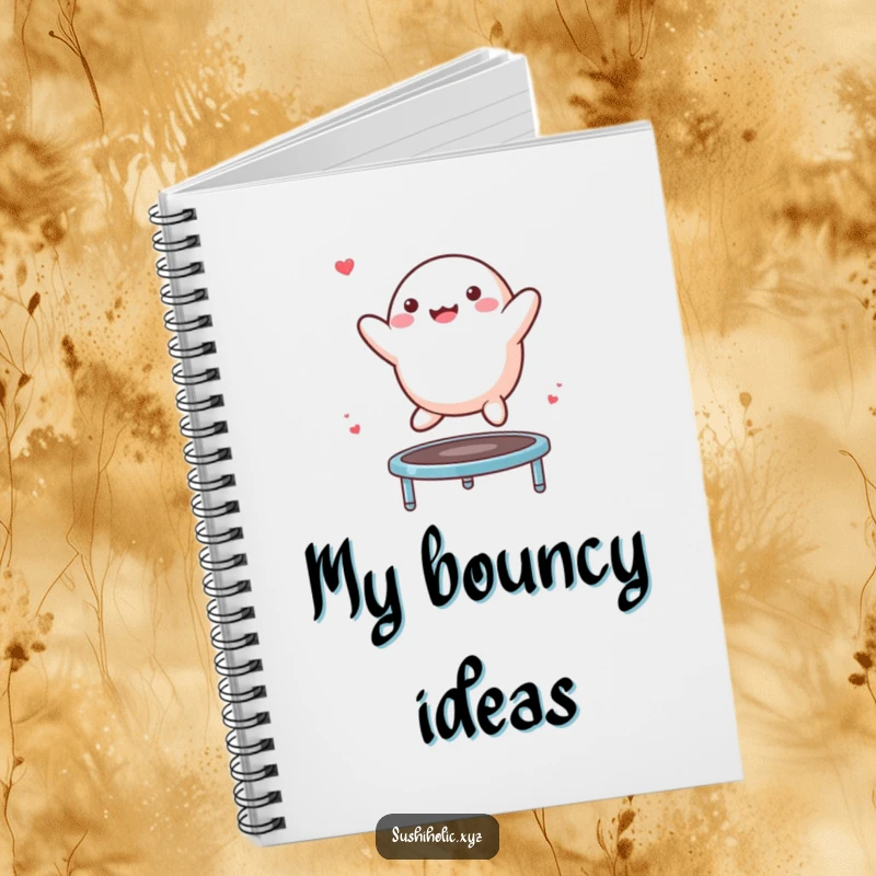 Funny Mochi Notebook featuring a happy mochi character enthusiastically bouncing on a tiny trampoline, ideal for journaling fun.