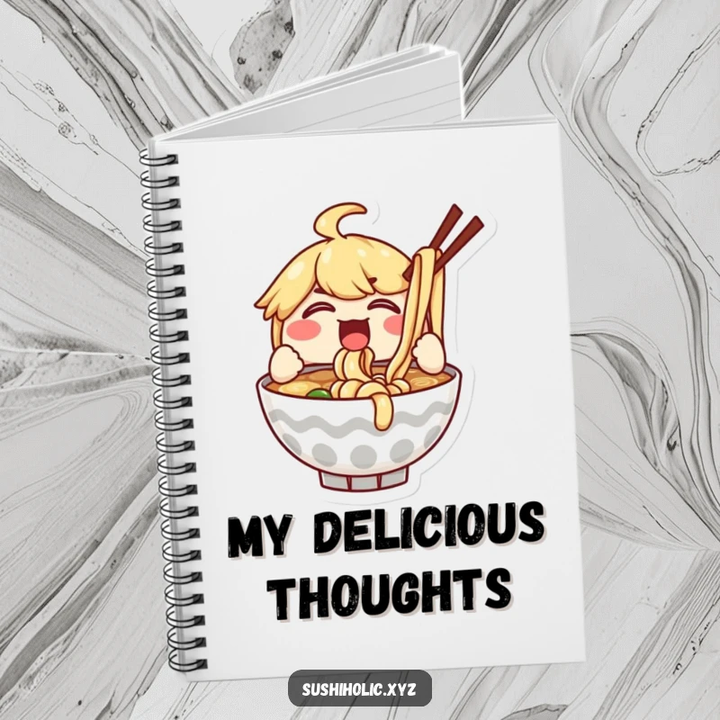 Funny notebook featuring a delighted ramen bowl character enthusiastically slurping noodles, perfect for capturing inspired culinary thoughts.