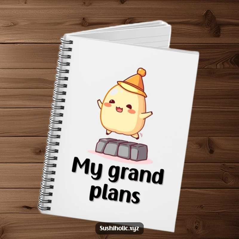 Funny notebook, mischievous tamago sushi wearing a tiny hat jumping over an obstacle, cheerful design for journaling, humorous stationery.