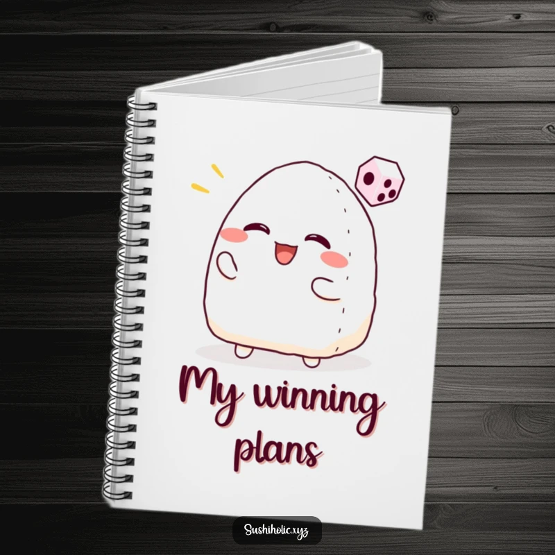 Funny notebook featuring a smiling onigiri character tossing a dice with excitement, perfect for planning your next big win.