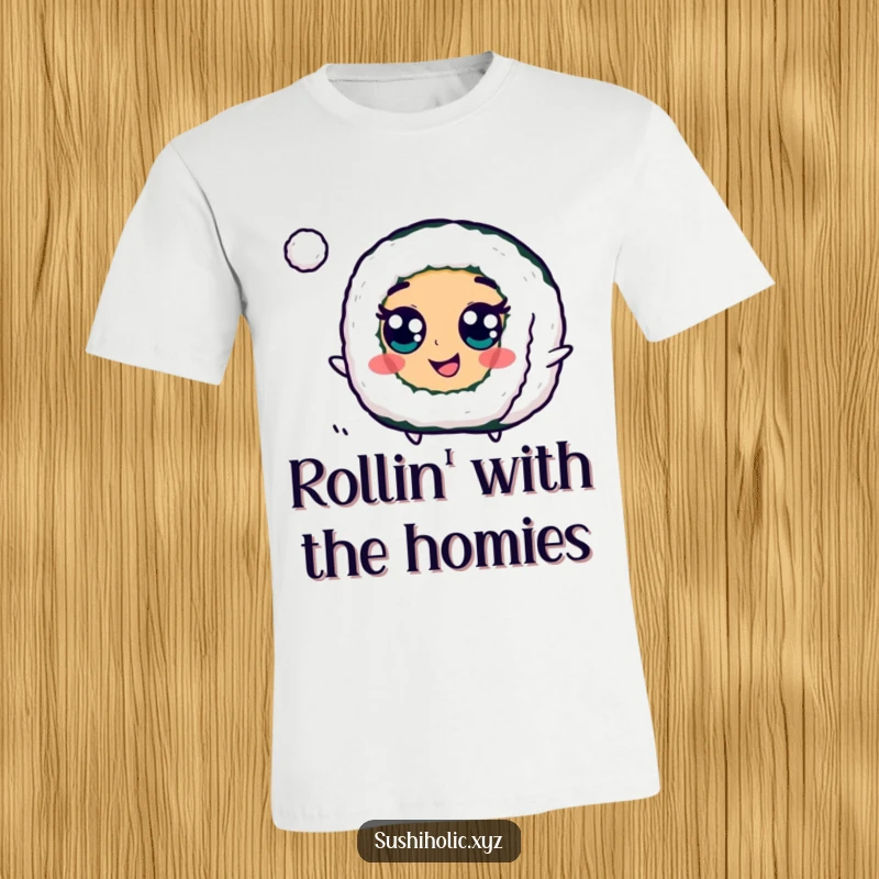 Funny Maki Roll T-Shirt featuring a cheerful sushi character with googly eyes, caught mid-bounce with a tiny ball, full of playful energy.
