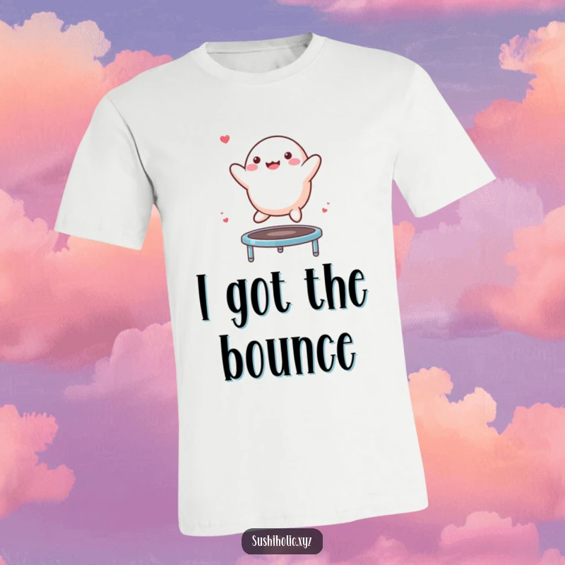 Funny Mochi T-Shirt with a cheerful mochi character doing a high bounce on a small trampoline, showcasing pure delight.