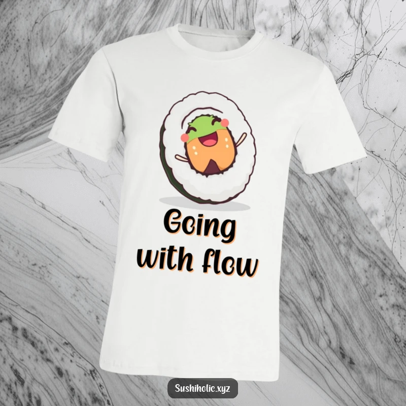 Funny t-shirt featuring a joyful sushi roll character with a wide, happy grin rolling carefree down a hill.