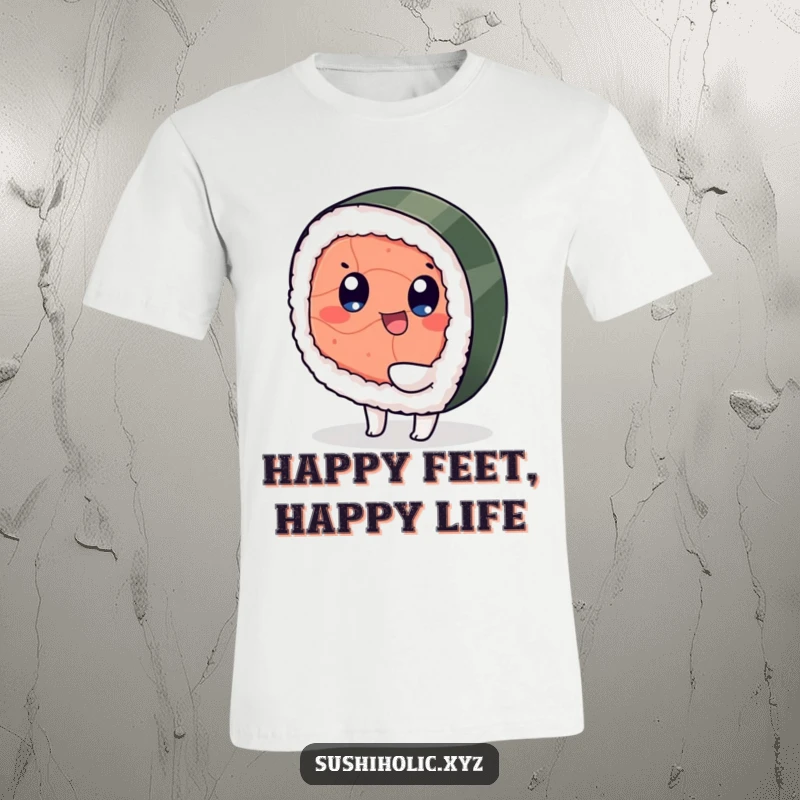 Funny T-shirt, a playful tuna sushi character with eyes happily wiggling its foot, humorous food illustration.