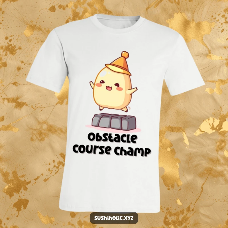 Funny T-shirt, a mischievous tamago sushi wearing a tiny hat jumping over a small obstacle, humorous food illustration.