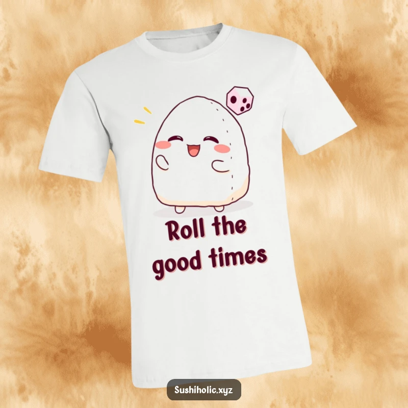 Funny t-shirt featuring a smiling onigiri character enthusiastically tossing a small dice, embodying pure gaming excitement.