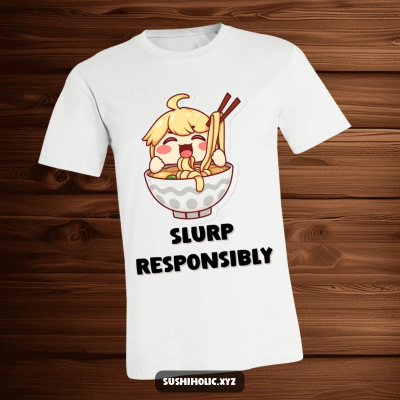 Funny t-shirt featuring a delighted ramen bowl character enthusiastically slurping noodles with a happy, satisfied expression.